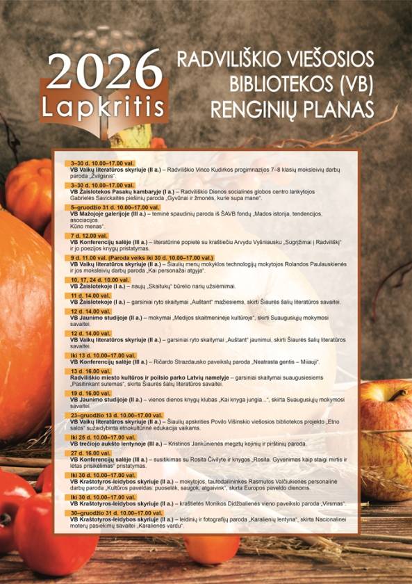 Radviliškio viešosios bibliotekos (VB) 2026 m. LAPKRIČIO MĖN. renginių planas