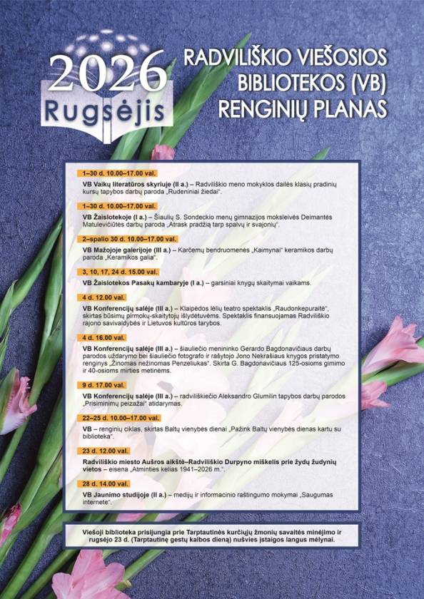 Radviliškio viešosios bibliotekos (VB) 2026 m. RUGSĖJO MĖN. renginių planas